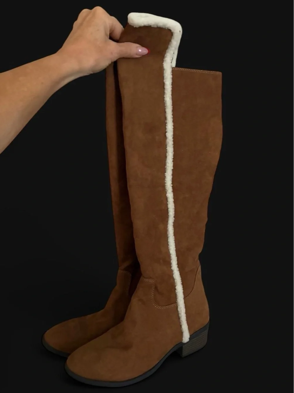 VTG Teddy trim Brown Suede Over-the-Knee Boots with Faux Shearling Trim Y2K